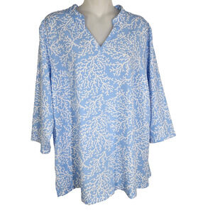 Denim & Co. Womens Printed V-Neck 3/4-Sleeves Tunic Top Chambray Blue Size Large